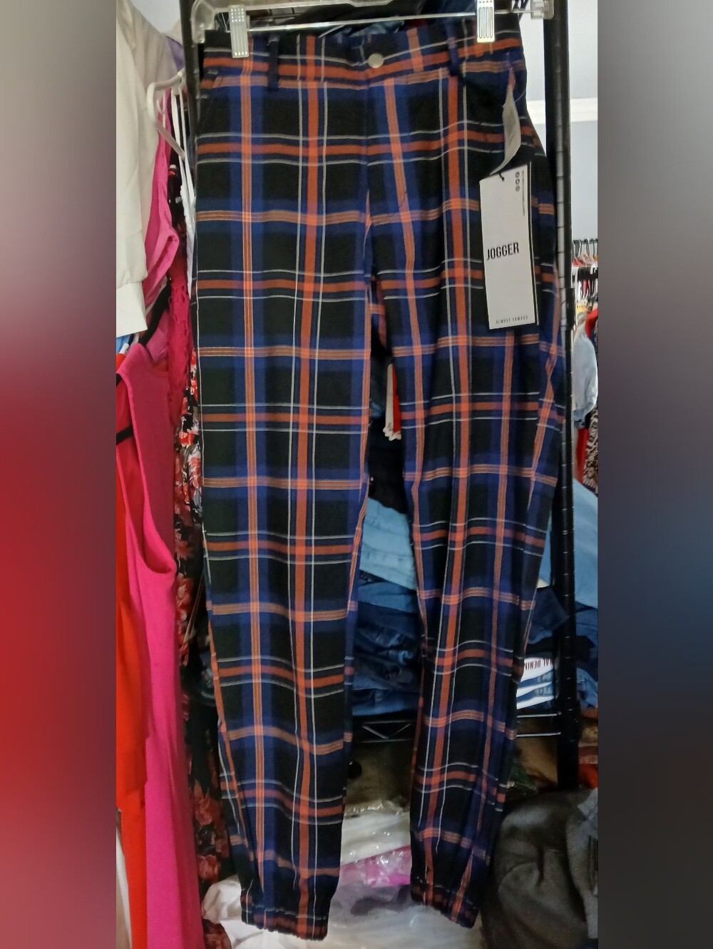 Almost Famous Navy Plaid Jogger Pants with Orange & Red Stripes
